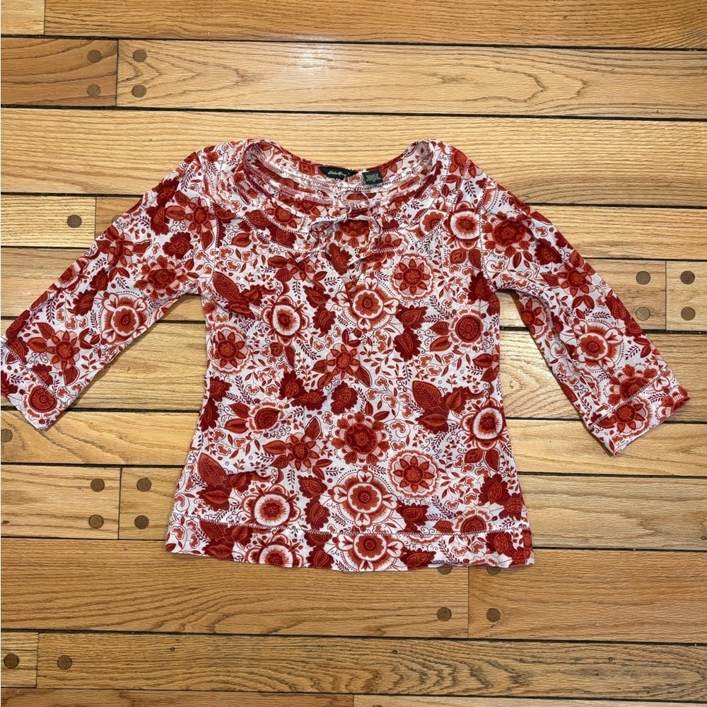 Eddie Bauer Cotton Floral Red and White Top Blouse Tunic size medium
